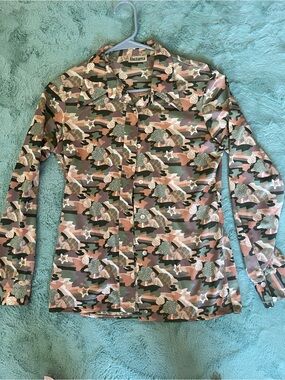 Vintage 70s Unzarra Floral Camo Silk Button-Up Shirt - Pink & Green